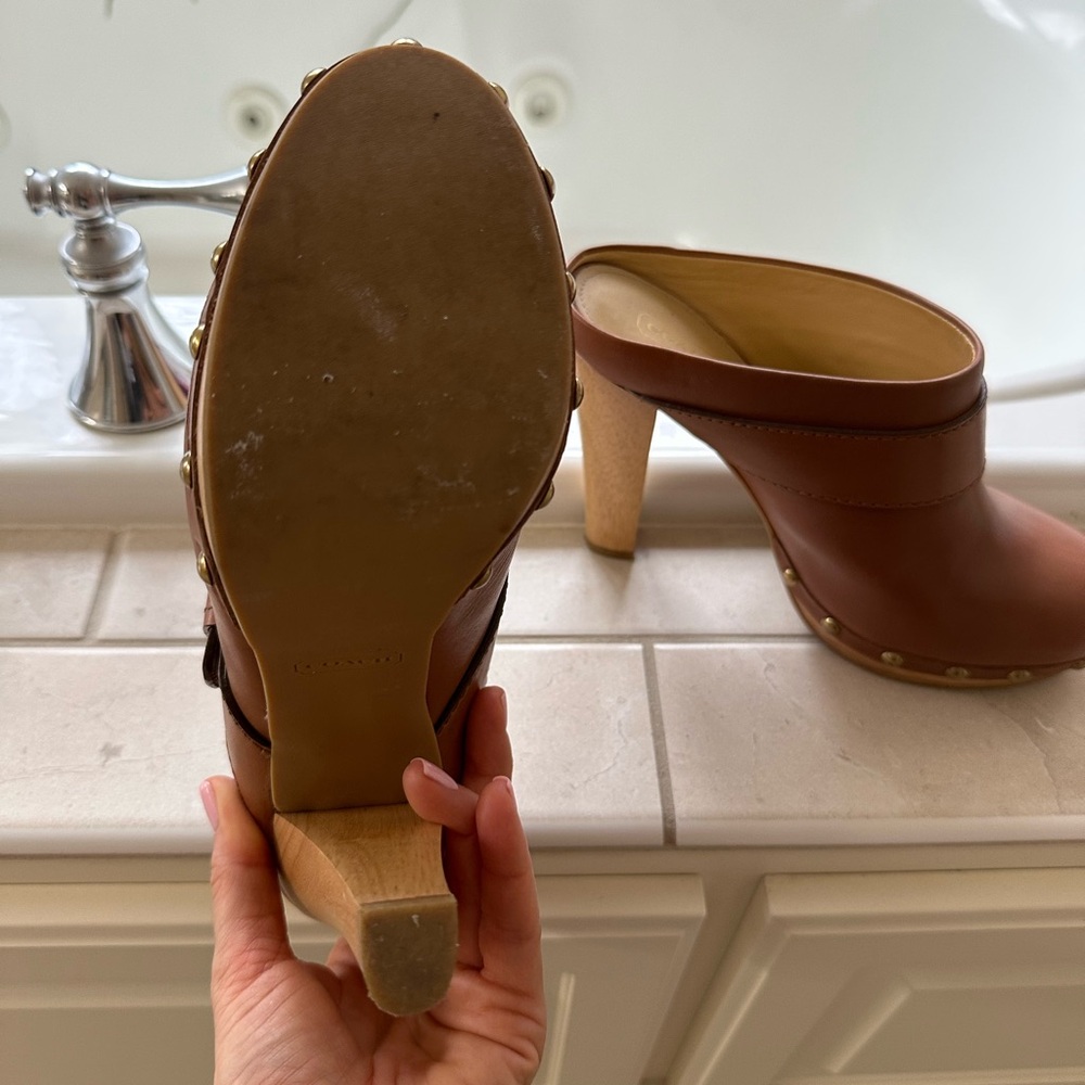 Coach Tan Leather Studded Clog Mules with Buckle Detail - Picture 2 of 2
